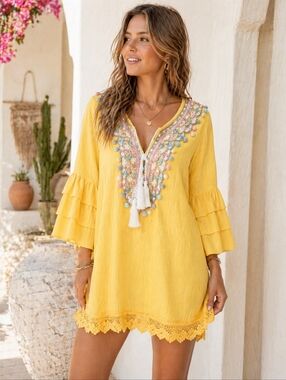Yellow Boho Pom Pom Embroidered Tunic  Lace Trim Tassel Tie Small Bell Sleeve